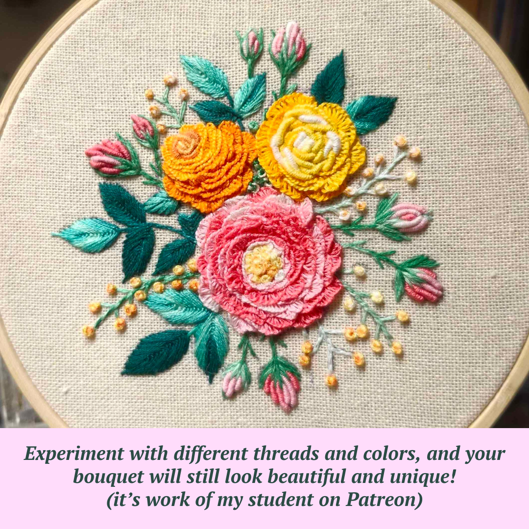 Brazilian Roses Bouquet Hand Embroidery Pattern | PDF + Video Tutorials and Instructions for Beginners
