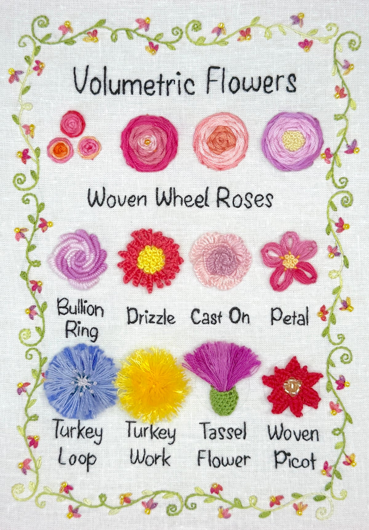 Volumetric Flowers Sampler Page - Hand Embroidery Pattern