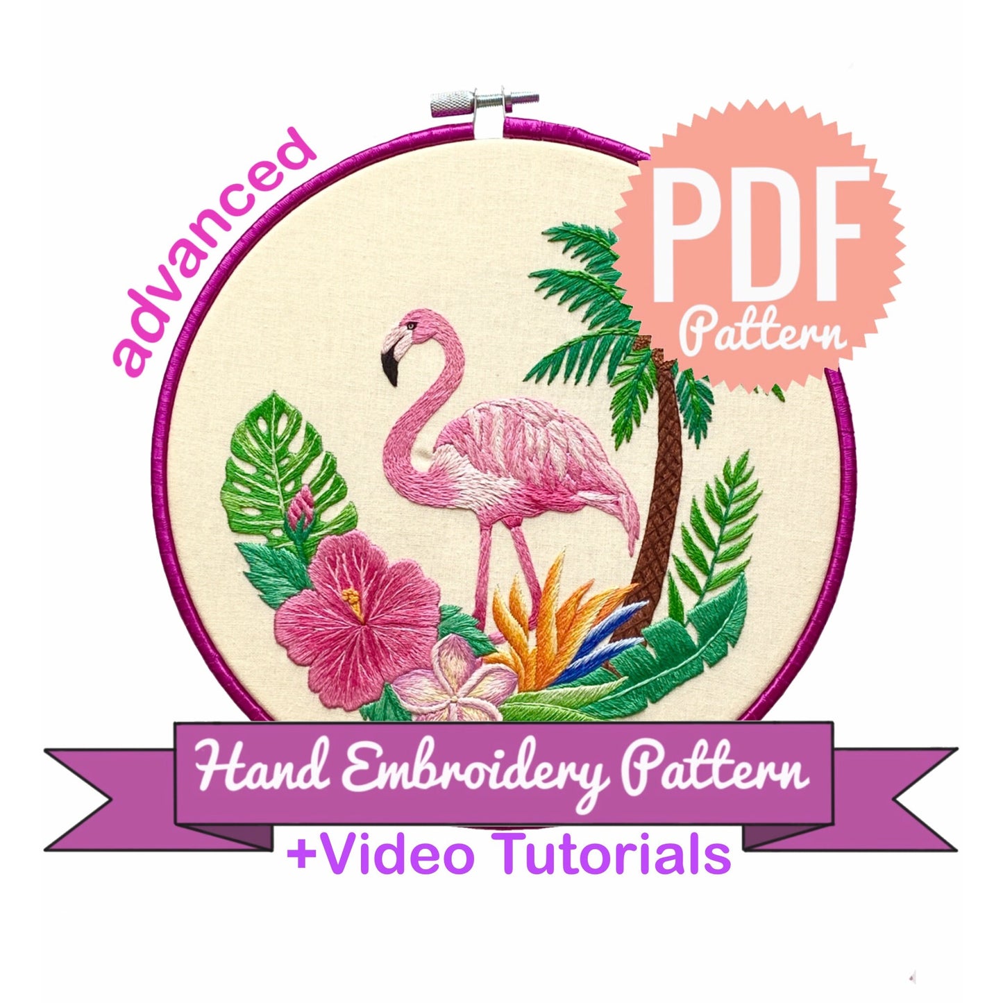 Flamingo & Tropical Flowers - Hand Embroidery Pattern