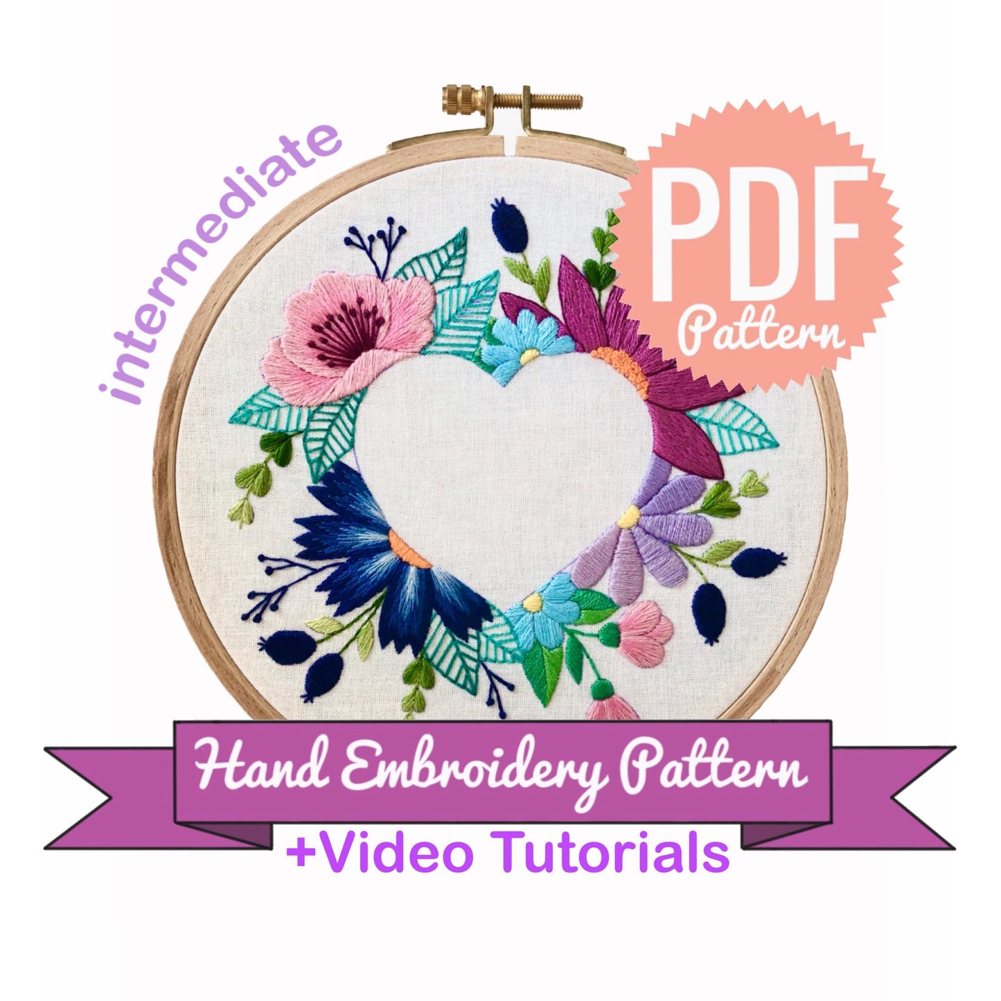 Floral Heart Negative Space - Hand Embroidery Pattern