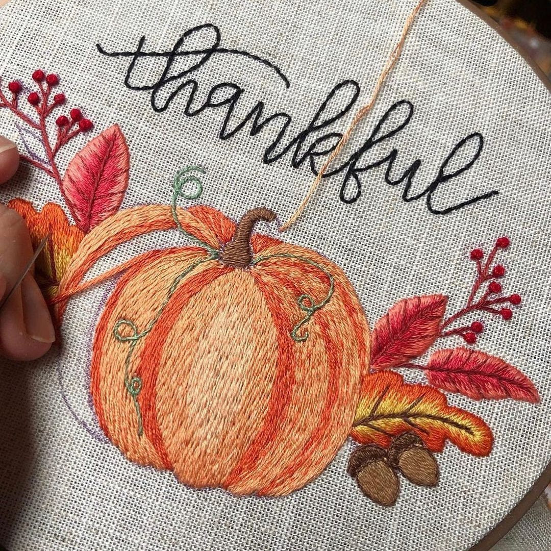 Thankful - Hand Embroidery Pattern with Pumpkin and Autumn Leaves