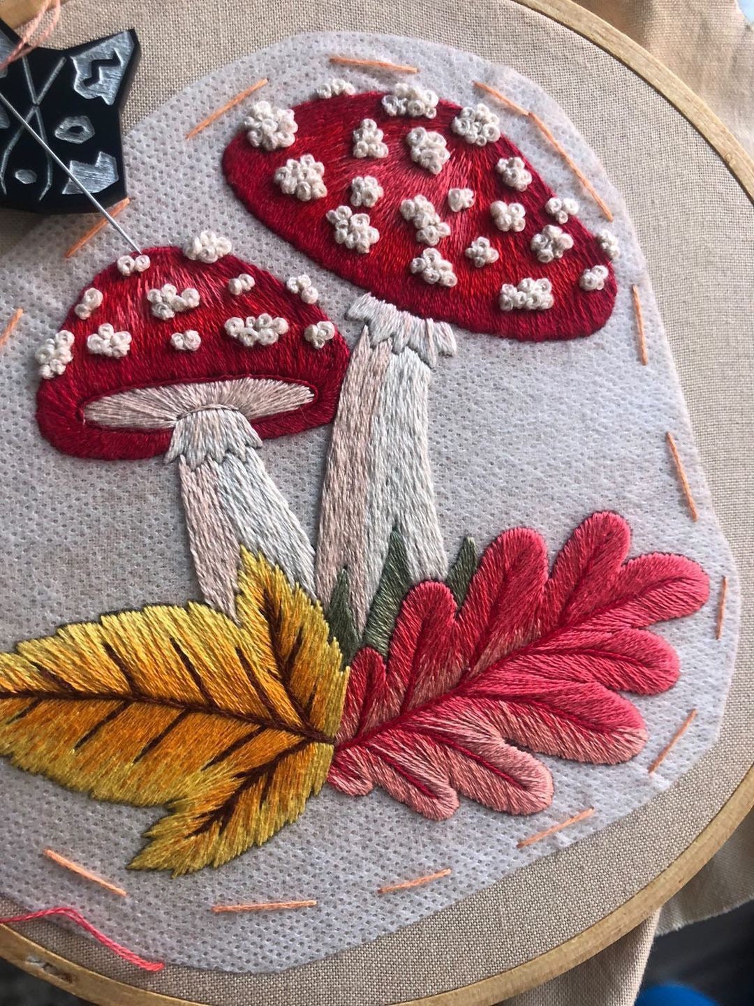 Amanita Wild Forest Mushrooms with Fall Leaves | Autumn Hand Embroidery Pattern