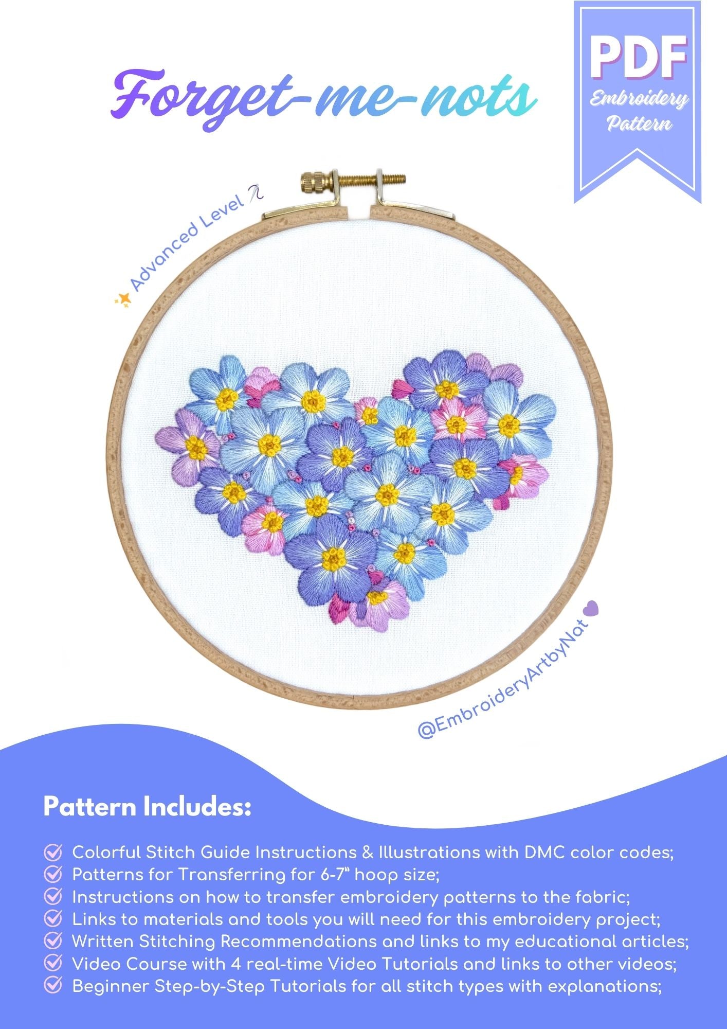 🌸 Forget-Me-Nots Floral Heart 💙💜 Advanced Embroidery Project