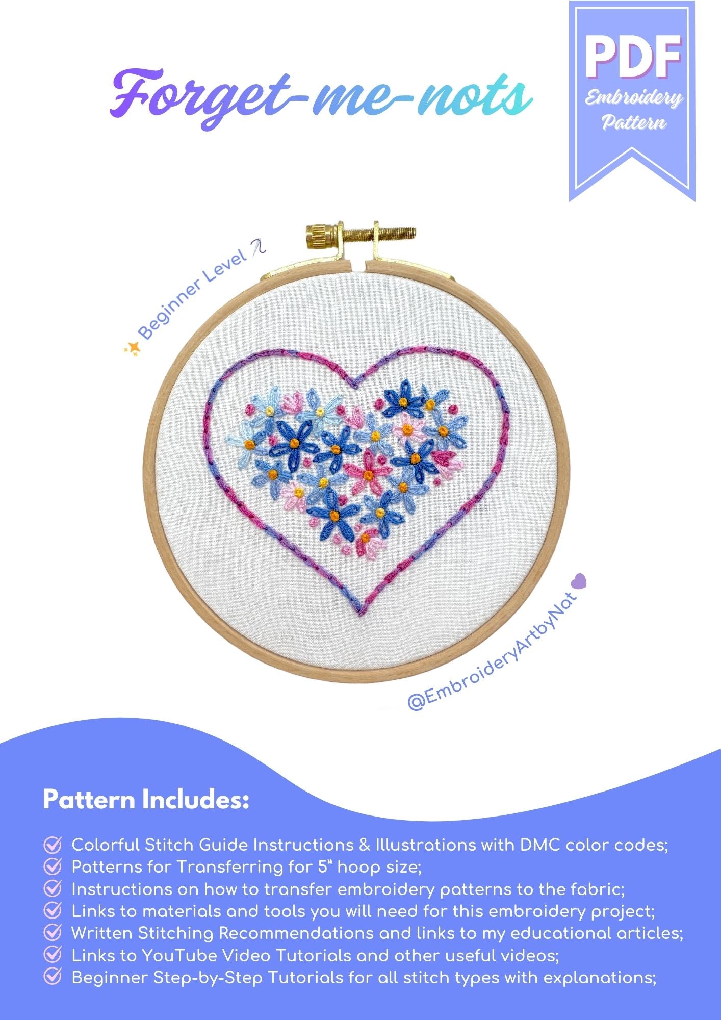 🌸 Forget-Me-Nots Floral Heart 💙💜 Embroidery Project for Beginners
