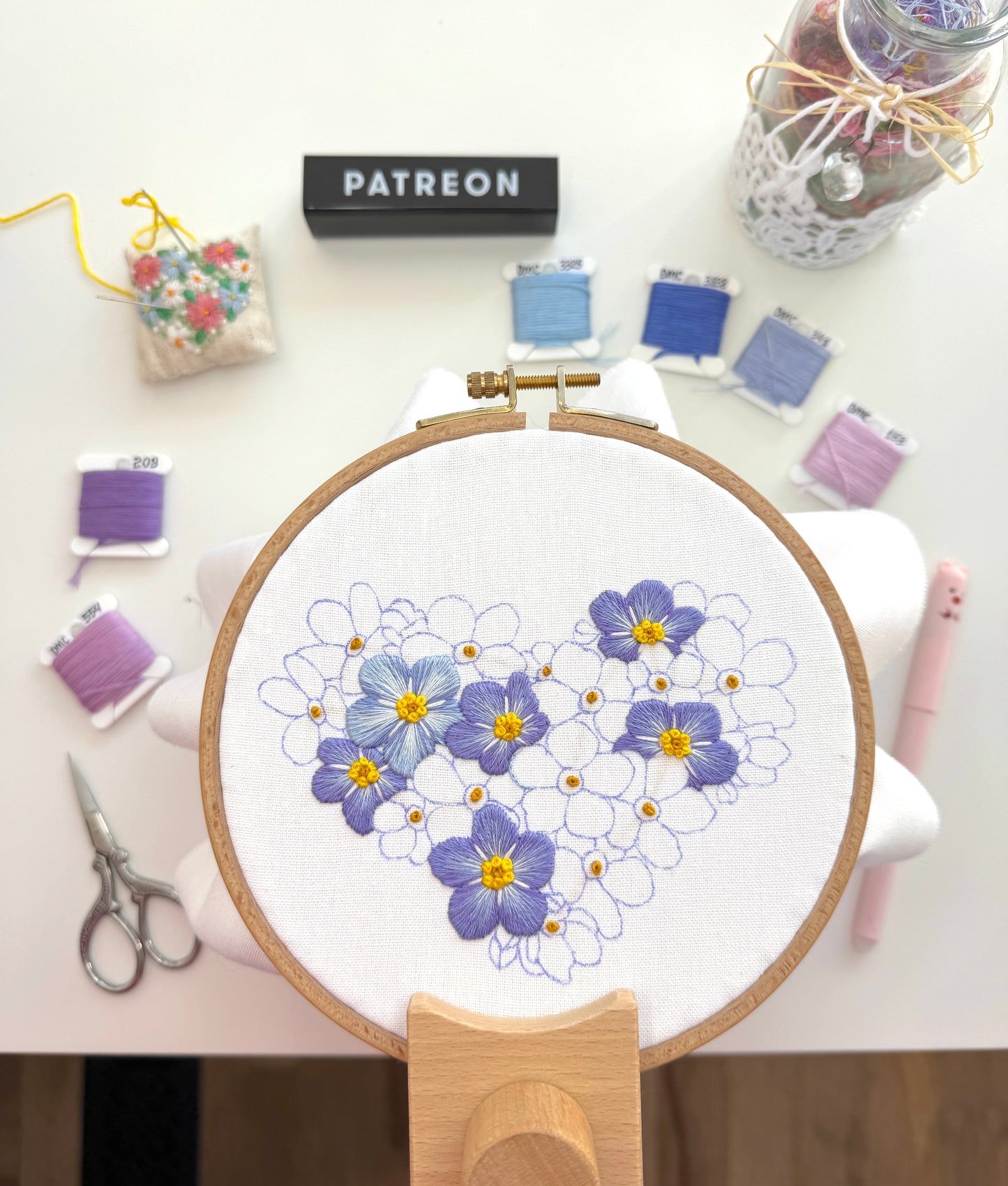 🌸 Forget-Me-Nots Floral Heart 💙💜 Advanced Embroidery Project