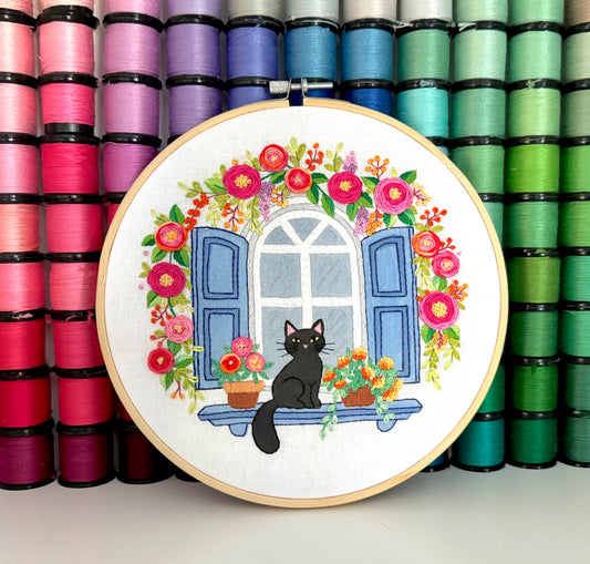 Blooming Cat Floral Hand Embroidery Pattern | PDF + Video Tutorials, Instructions for Beginners
