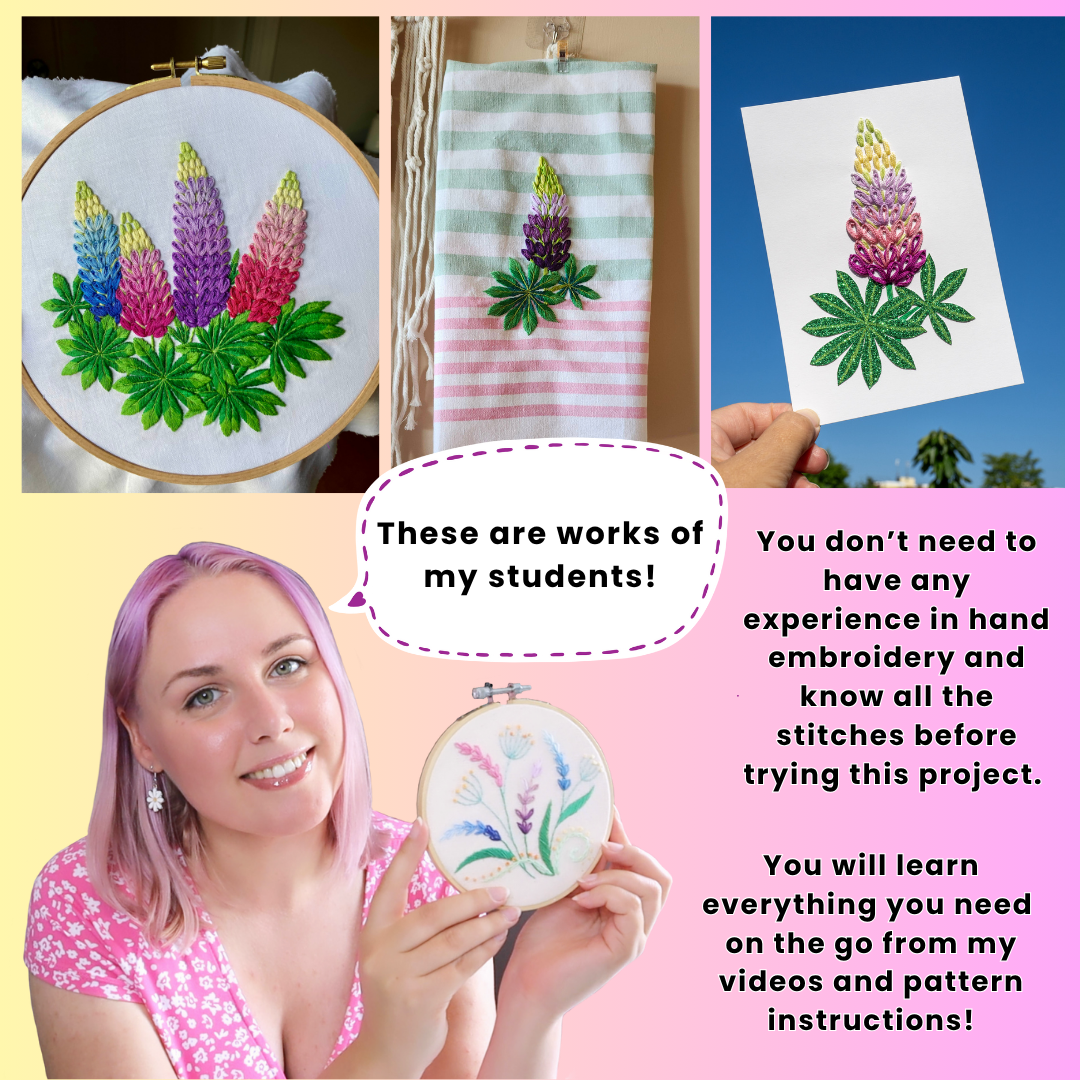 Lupins Hand Embroidery Pattern | PDF + Video Tutorials for Beginners and Intermediate Stitchers | 7-8 in Hoop Size (Copy)