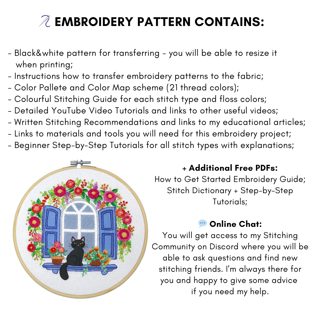 Blooming Cat Floral Hand Embroidery Pattern | PDF + Video Tutorials, Instructions for Beginners