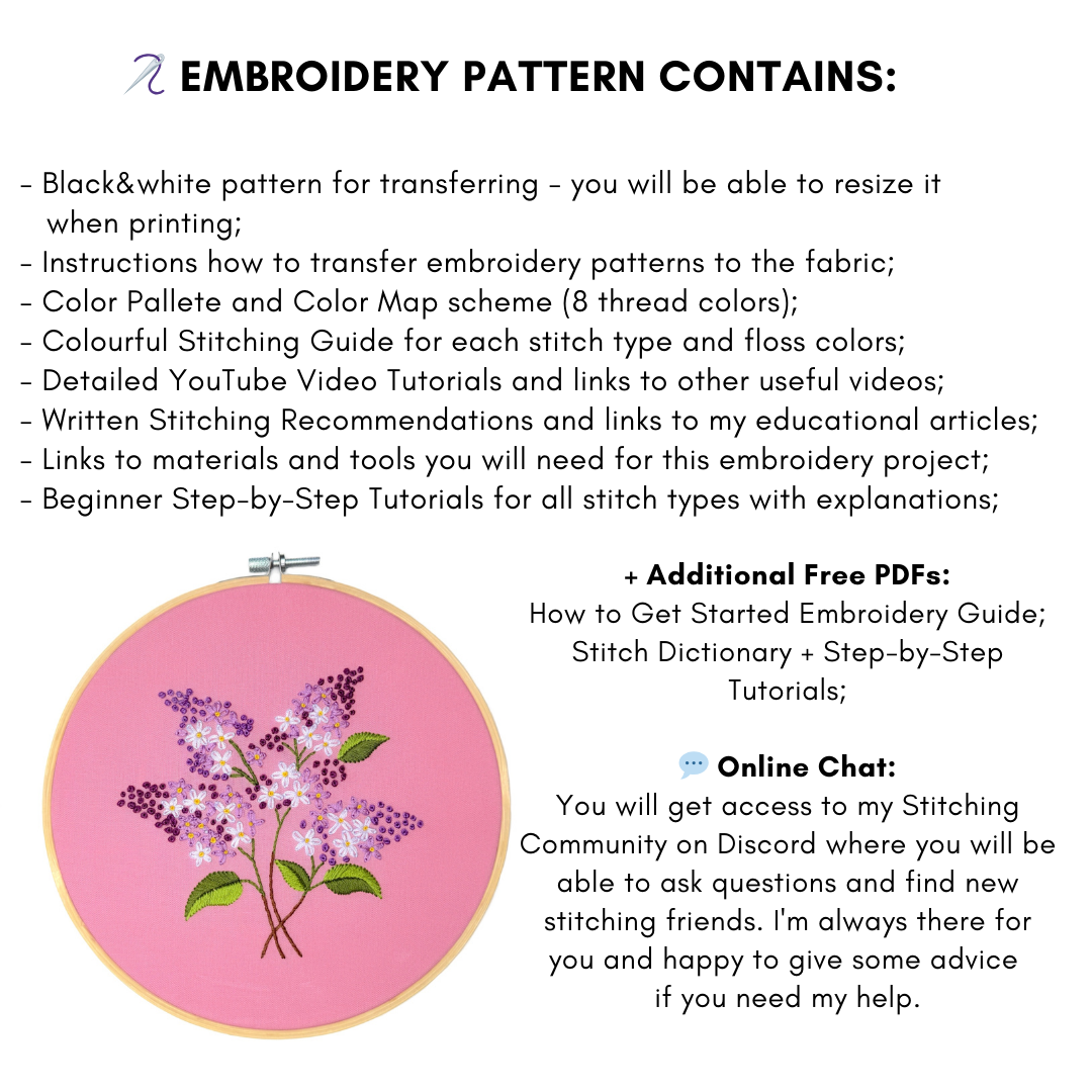 Spring Lilacs Blossom Floral Hand Embroidery Pattern + Video Tutorials
