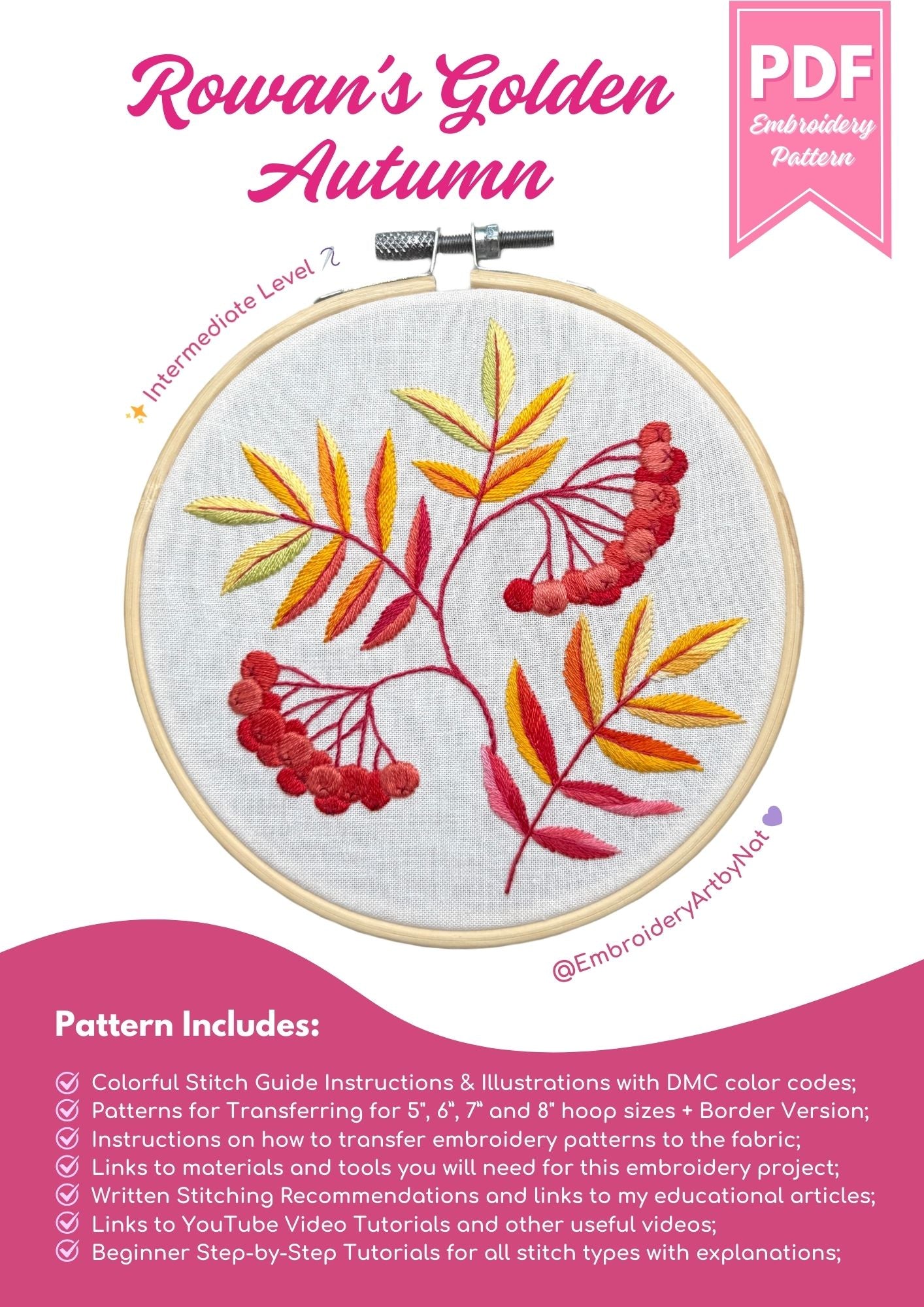 Rowans Golden Autumn Hand Embroidery PDF Pattern - Fall Berries and Leaves