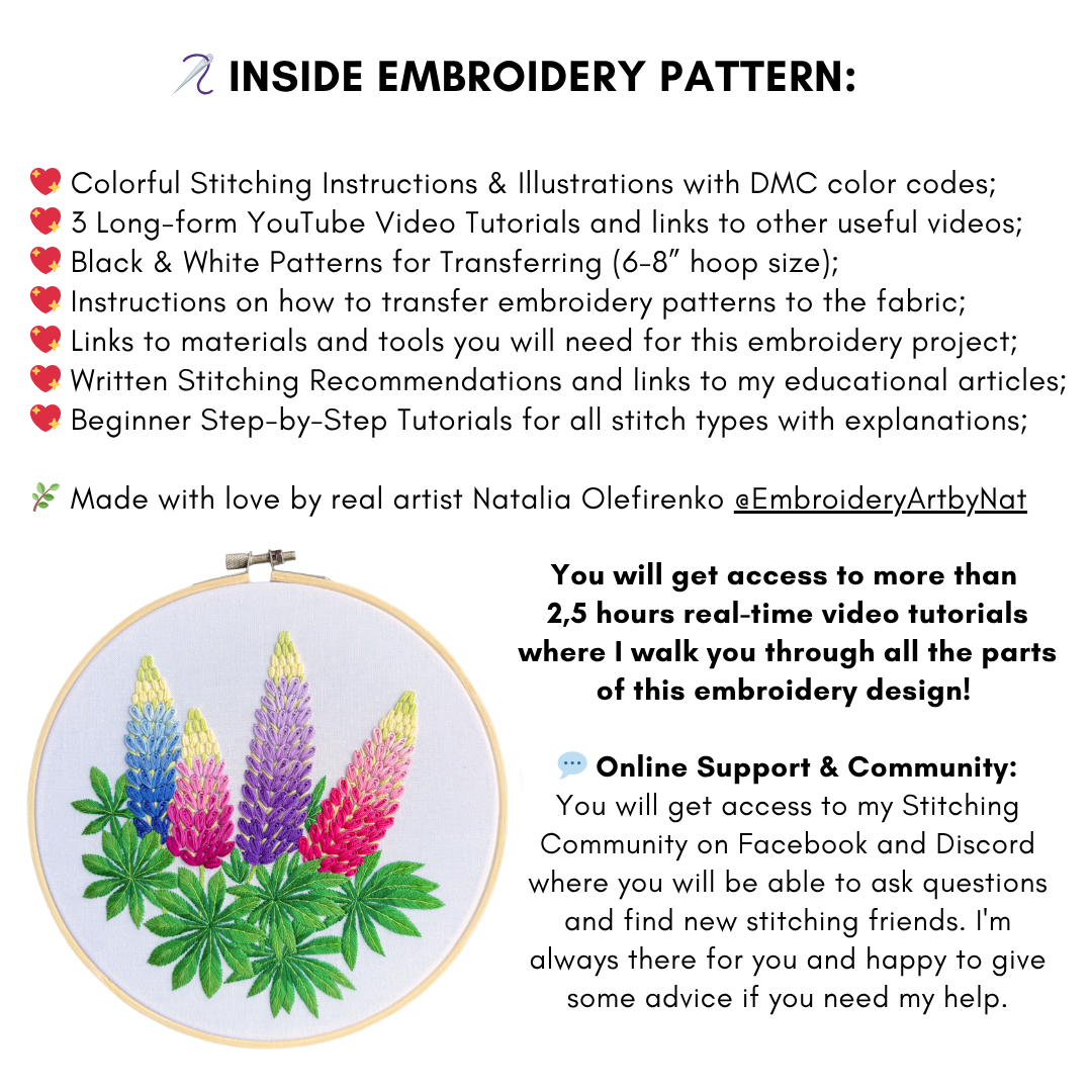 Lupins Hand Embroidery Pattern | PDF + Video Tutorials for Beginners and Intermediate Stitchers | 7-8 in Hoop Size (Copy)