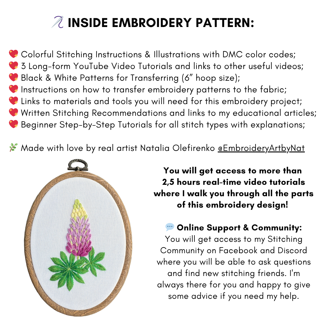 Lupin Hand Embroidery Pattern + Video Tutorials for Beginners and Intermediate Stitchers | 7-8 in Hoop Size