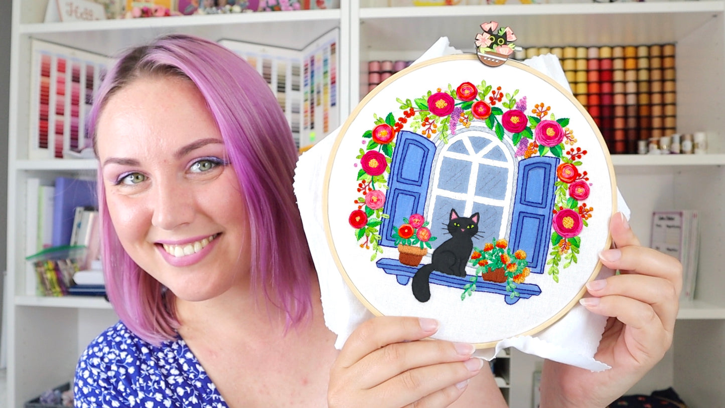 Blooming Cat Floral Hand Embroidery Pattern | PDF + Video Tutorials, Instructions for Beginners