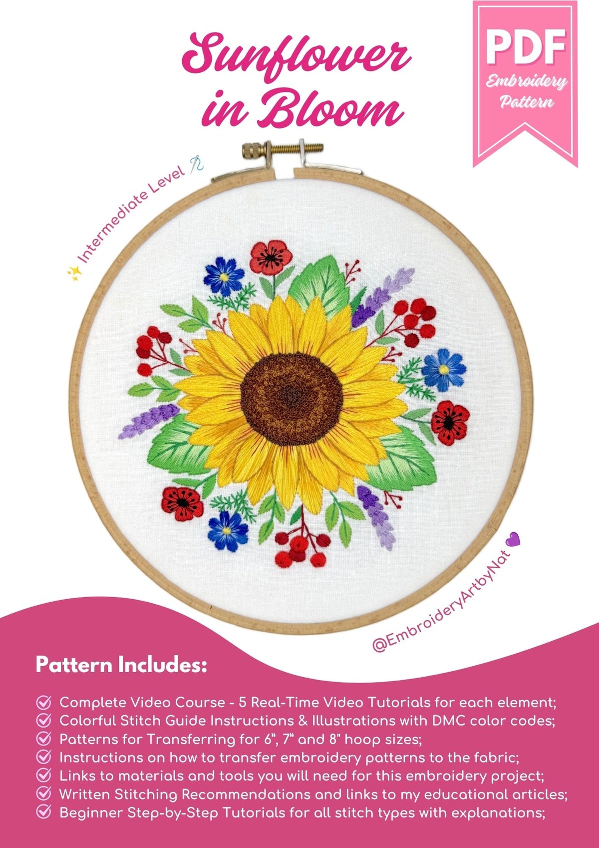 Sunflower in Bloom - Hand Embroidery Pattern + Complete Video Course