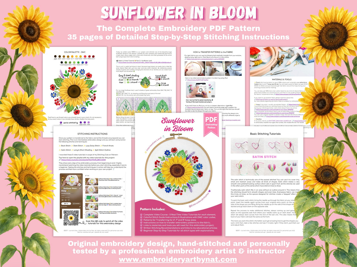 Sunflower in Bloom - Hand Embroidery Pattern + Complete Video Course