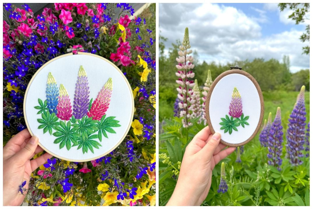 Lupins Hand Embroidery Pattern | 2 PDFs + Video Tutorials for Beginners and Intermediate Stitchers | 7-8 in Hoop Size