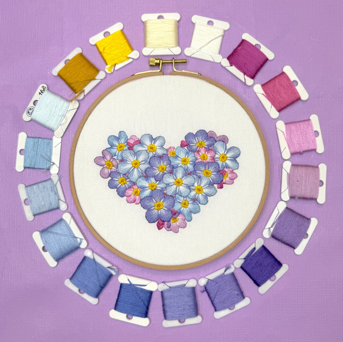 🌸 Forget-Me-Nots Floral Heart 💙💜 Advanced Embroidery Project