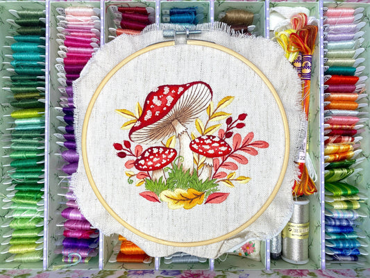 Amanita Mushrooms - Hand Embroidery Pattern | Digital PDF + Video Course | 6,5' hoop