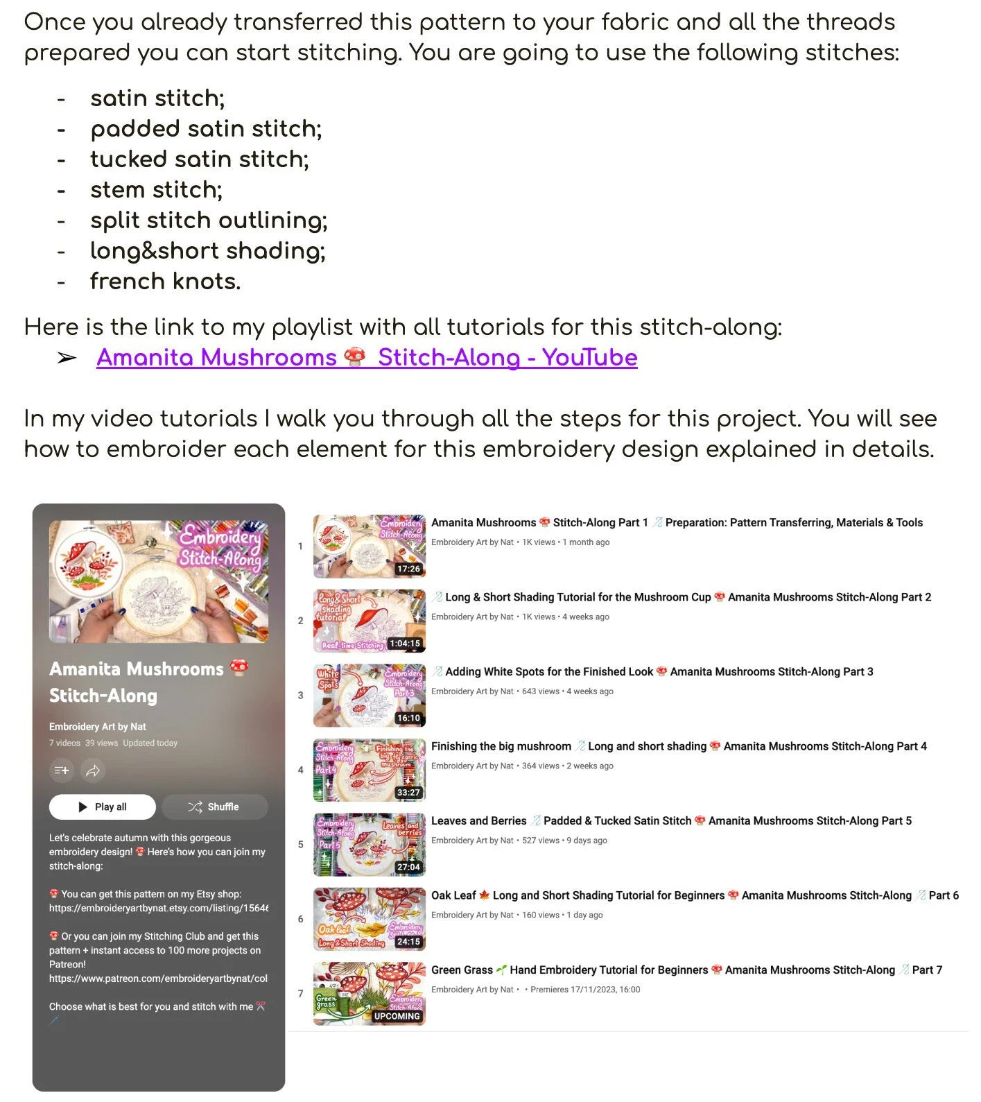 Amanita Mushrooms - Hand Embroidery Pattern | Digital PDF + Video Course | 6,5' hoop