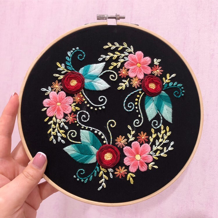 Red Roses on Black Fabric - Hand Embroidery Pattern