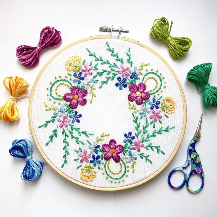 Bright Spring Flower Wreath Hand Embroidery Pattern