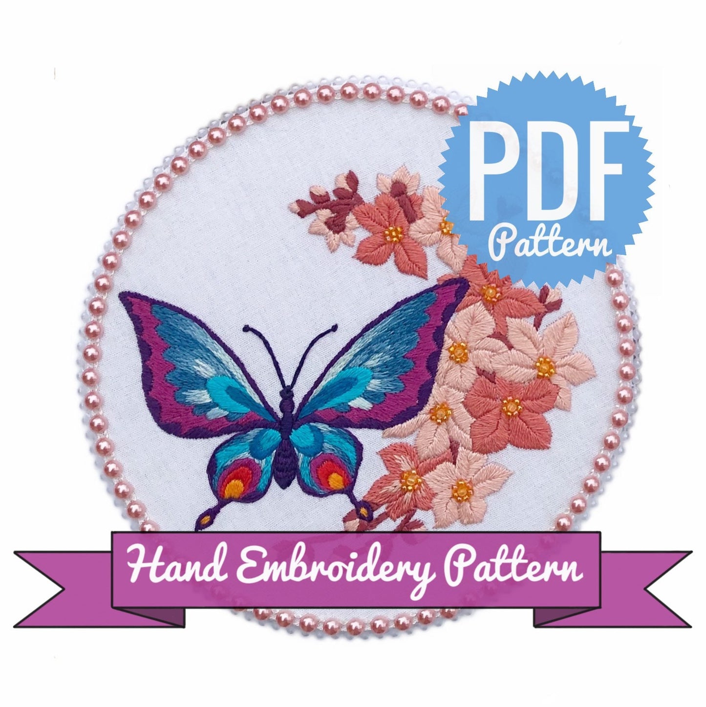 Butterfly and Sakura Hand Embroidery Pattern