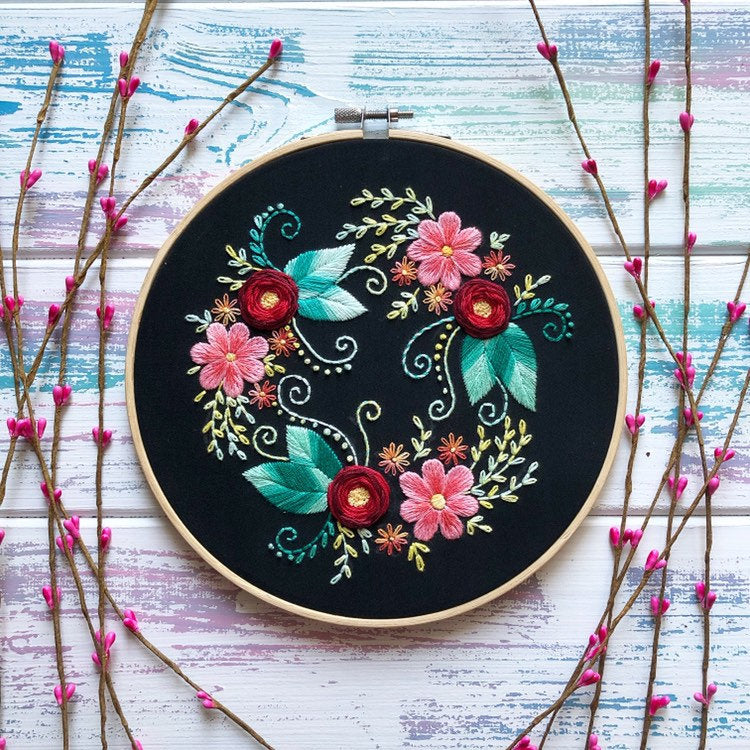 Red Roses on Black Fabric - Hand Embroidery Pattern