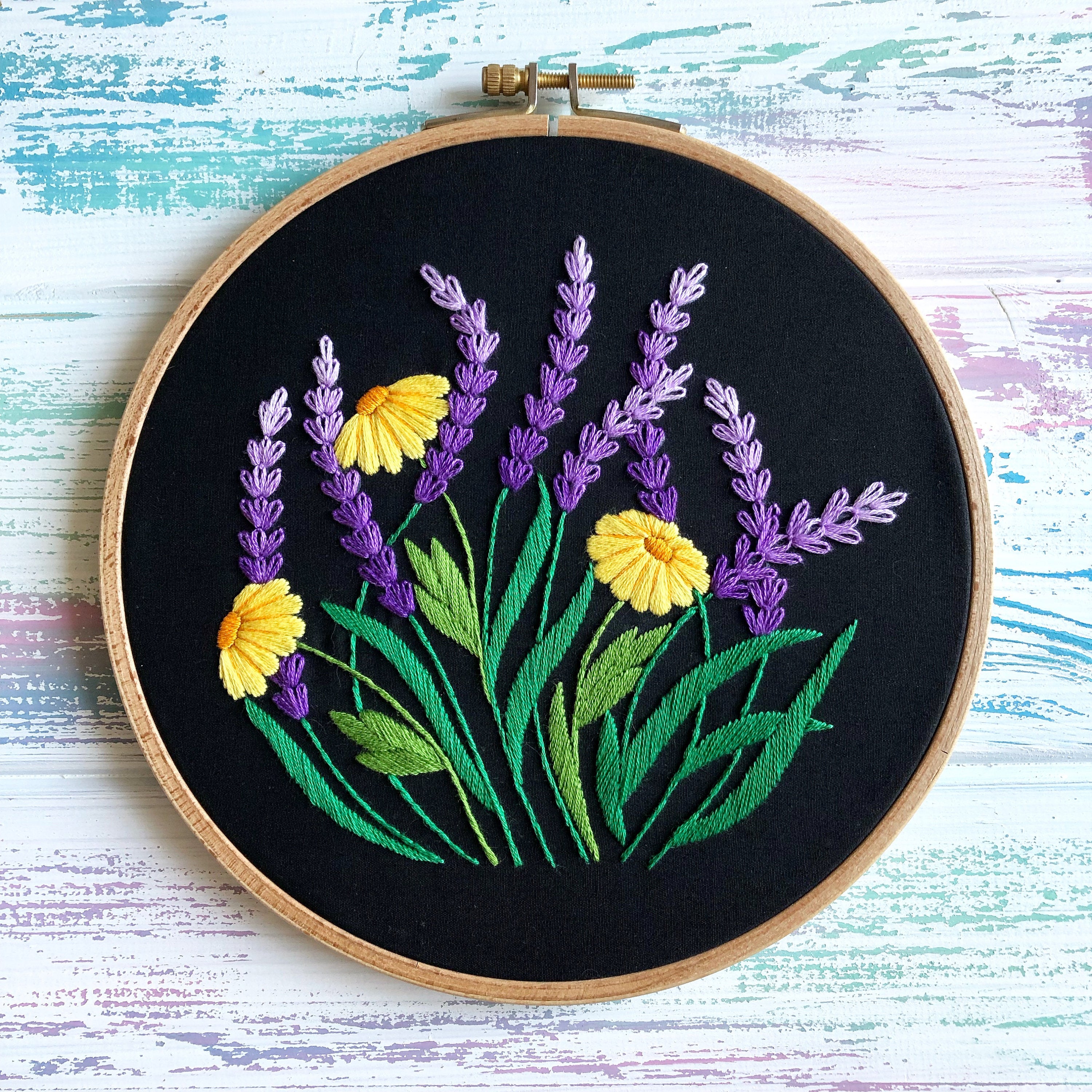Lavender and Daisy - Hand Embroidery Pattern | Black Version ...