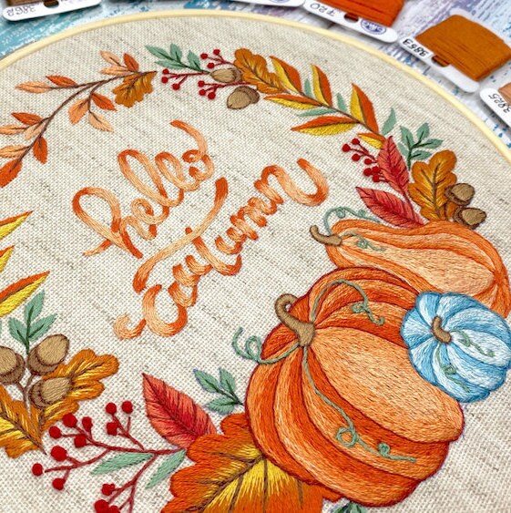 Hello Autumn Pumpkins Wreath - Hand Embroidery Pattern