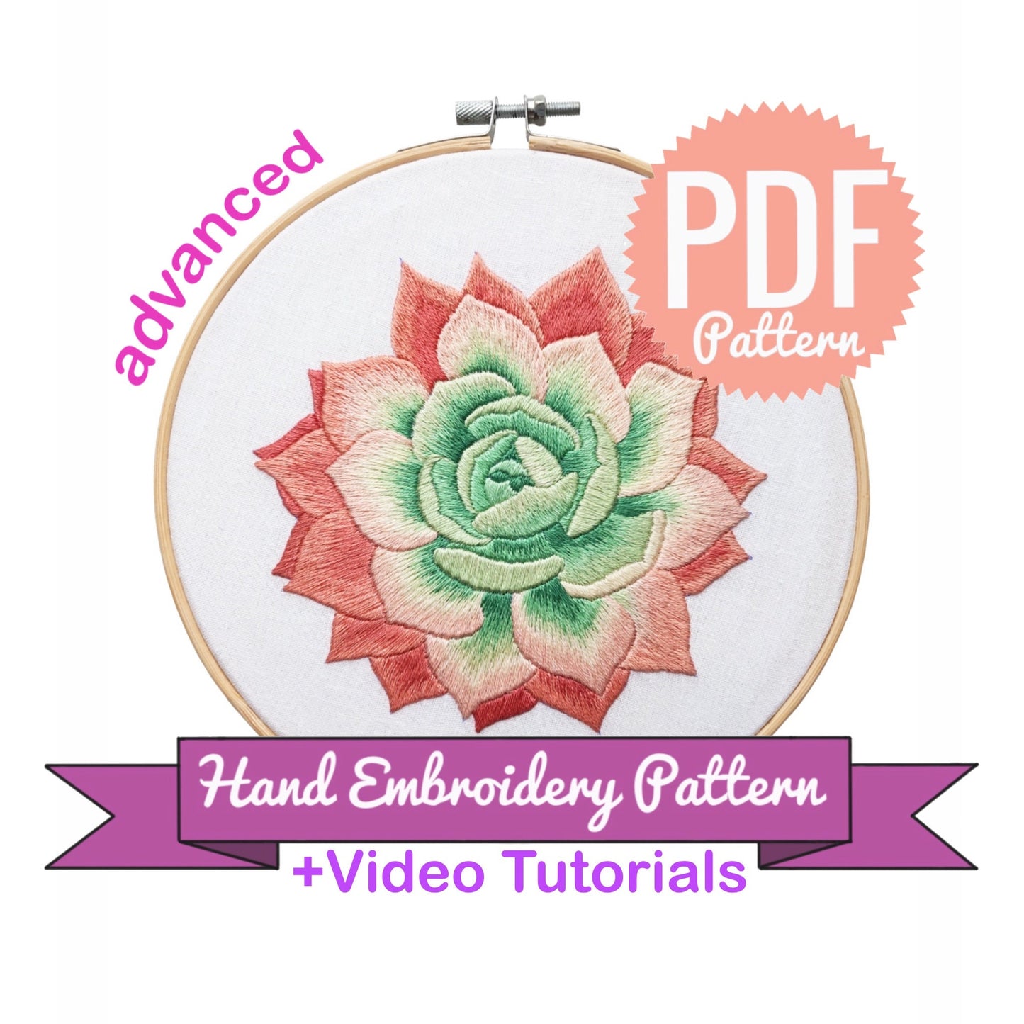 Succulent in Shades of Peach - Hand Embroidery Pattern