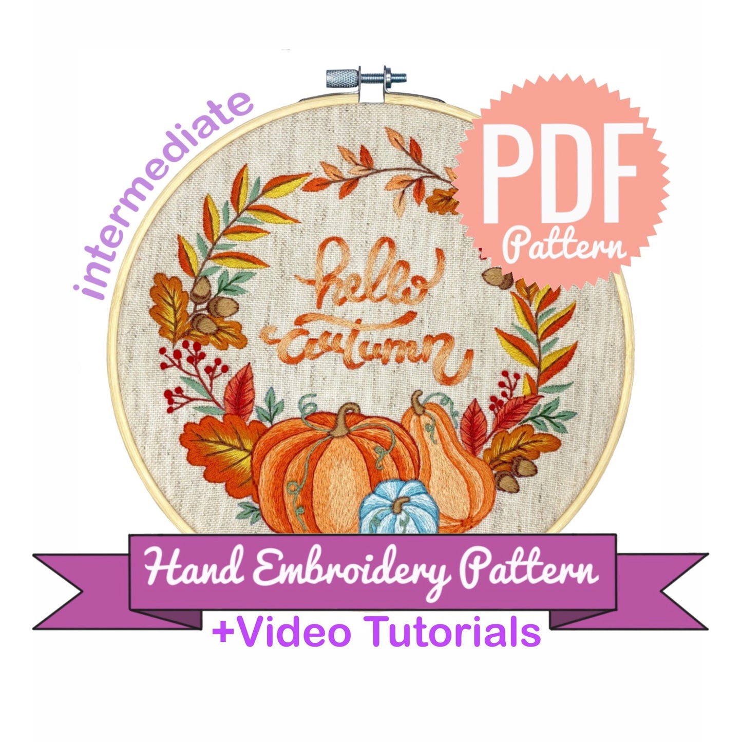 Hello Autumn Pumpkins Wreath - Hand Embroidery Pattern