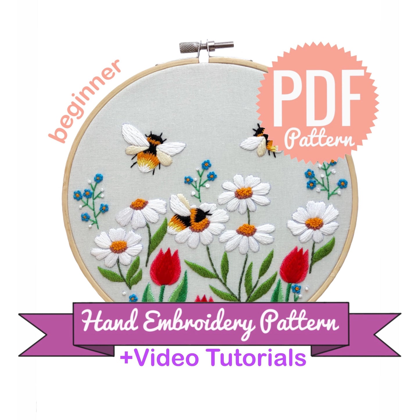 Busy Bees and White Daisies - Hand Embroidery Pattern
