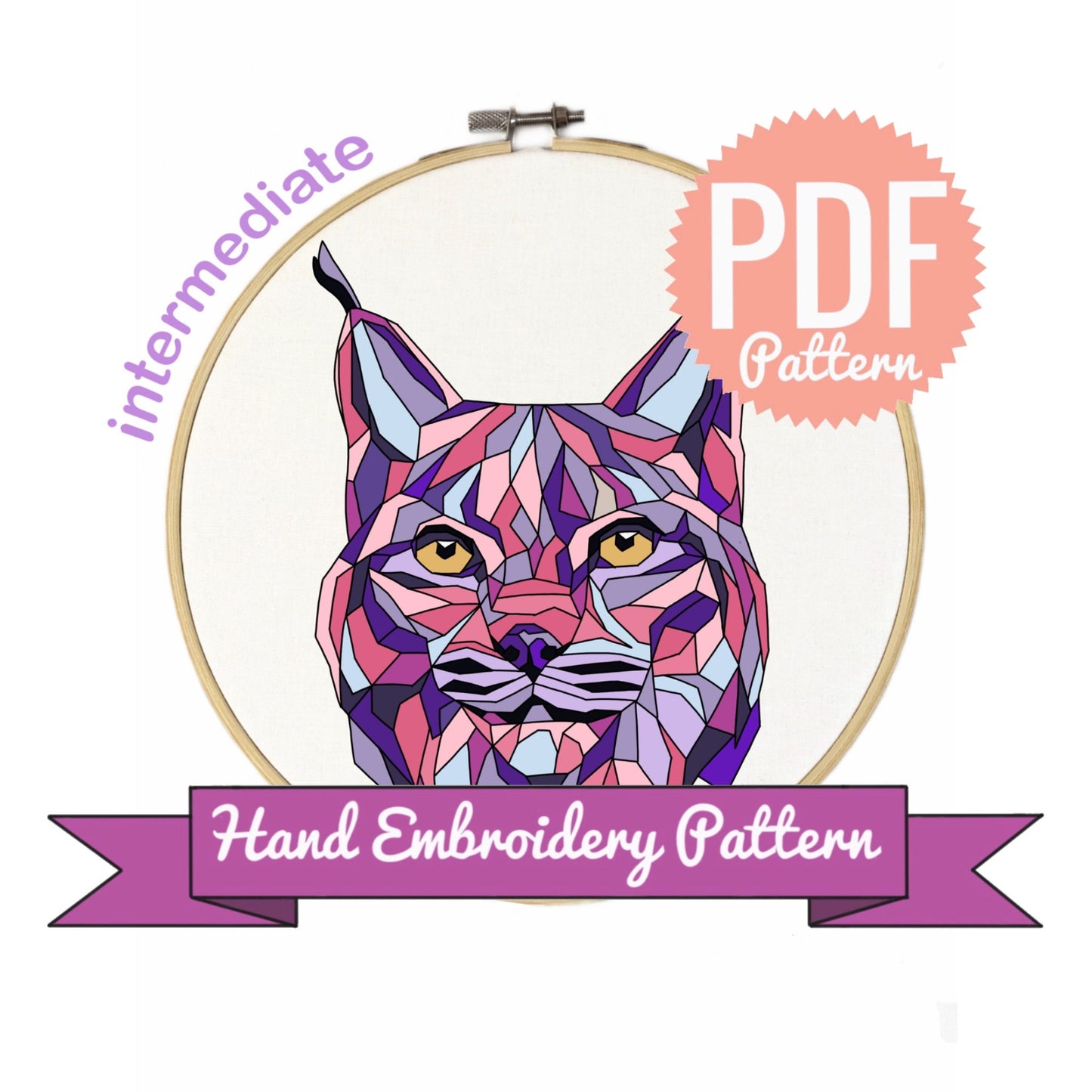 Geometric Bobcat Purple Version - Hand Embroidery Pattern