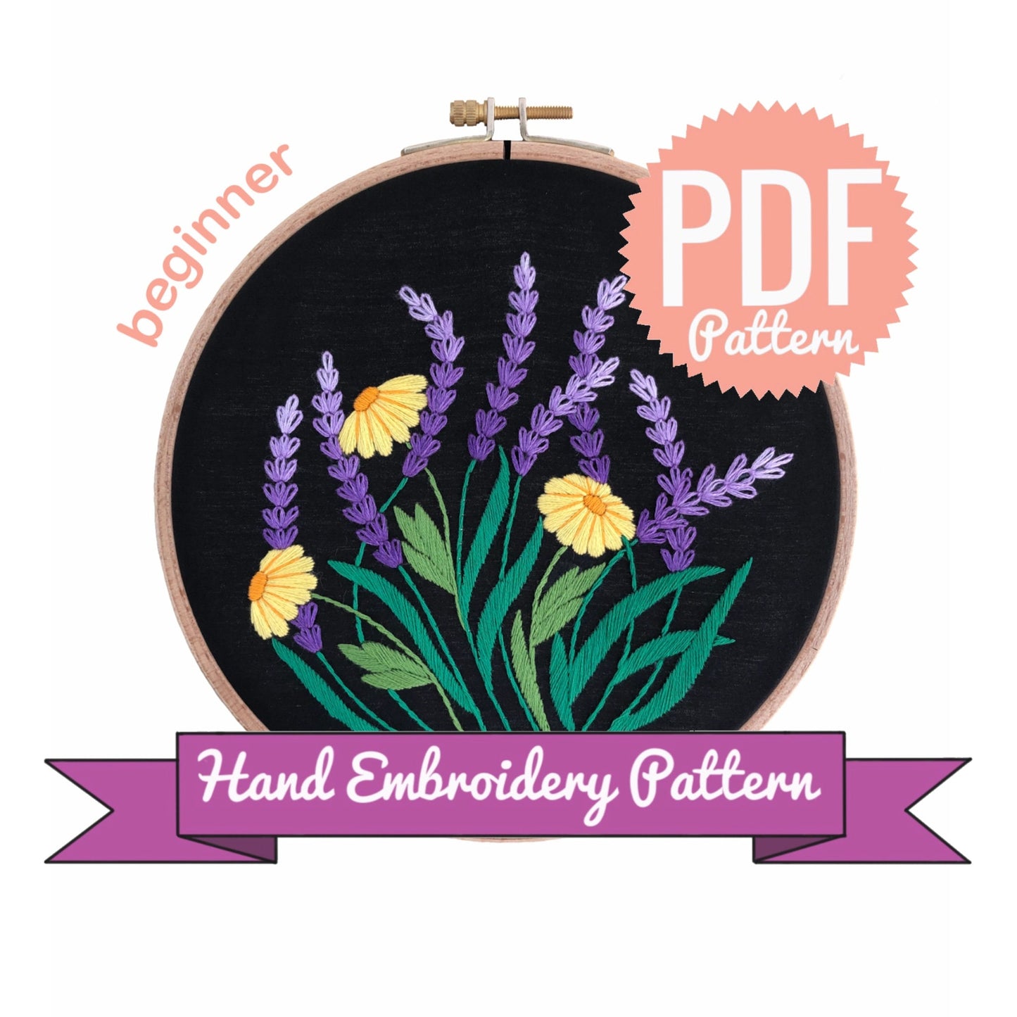 Lavender and Daisy - Hand Embroidery Pattern | Black Version