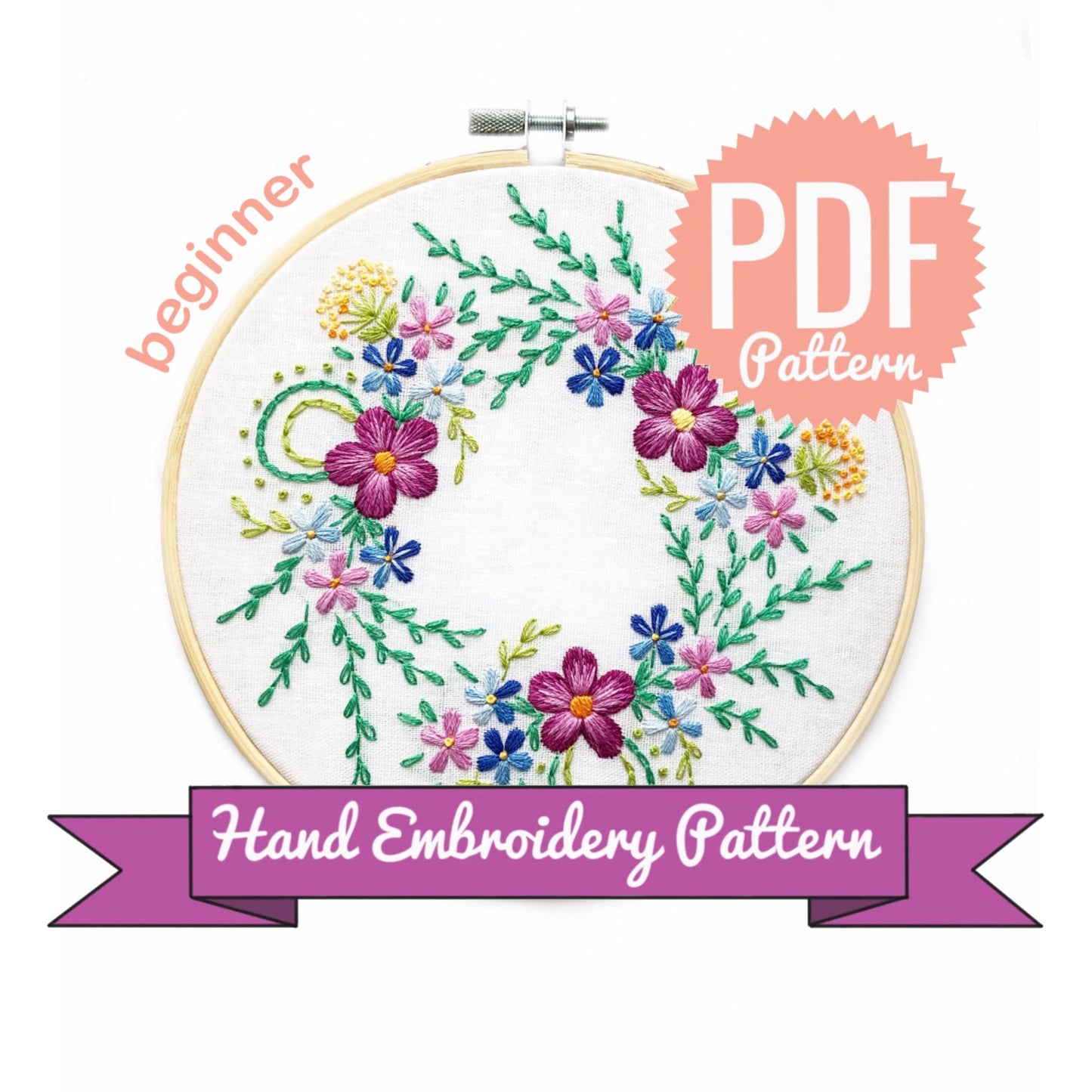 Bright Spring Flower Wreath Hand Embroidery Pattern