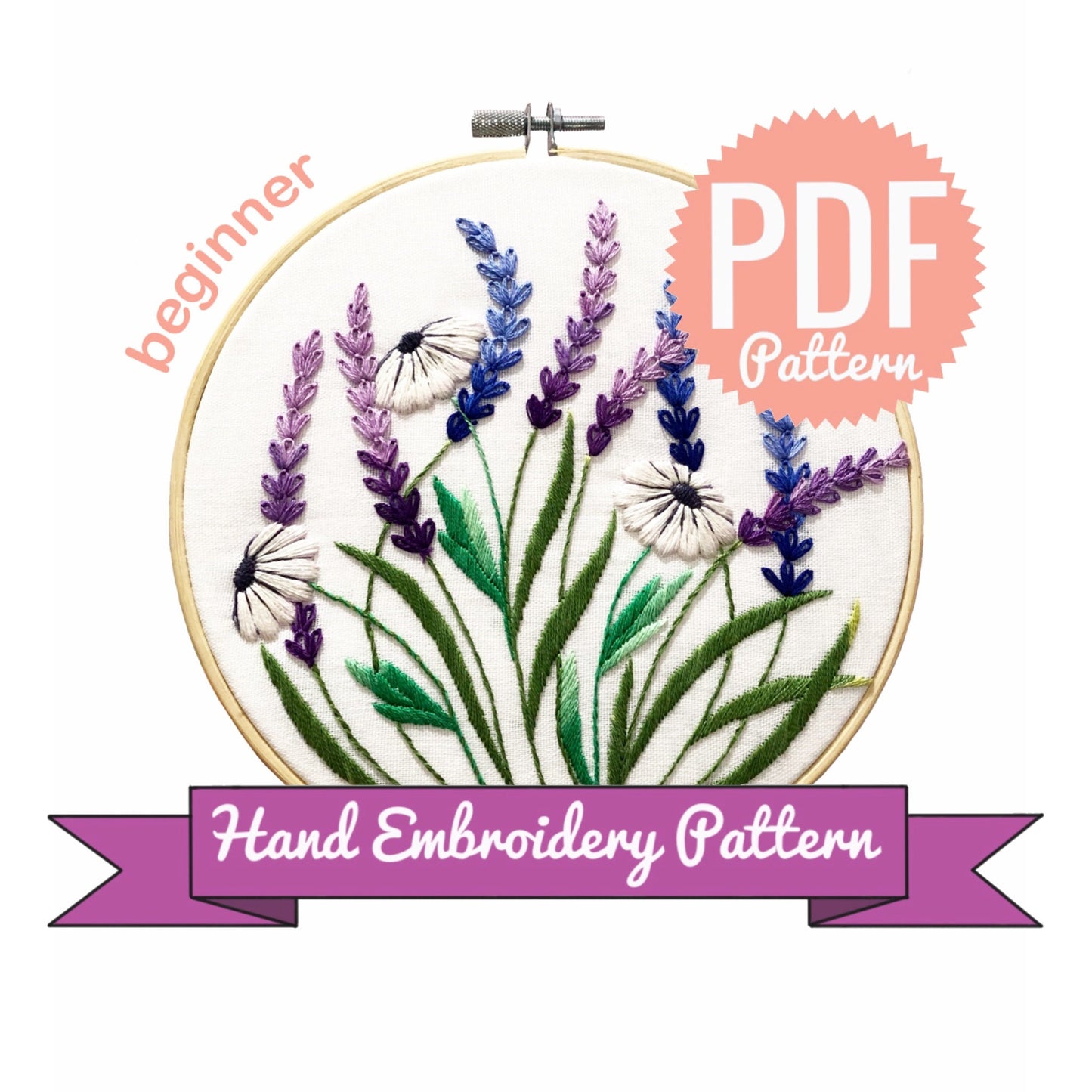 Lavender and White Daisy - Hand Embroidery Pattern
