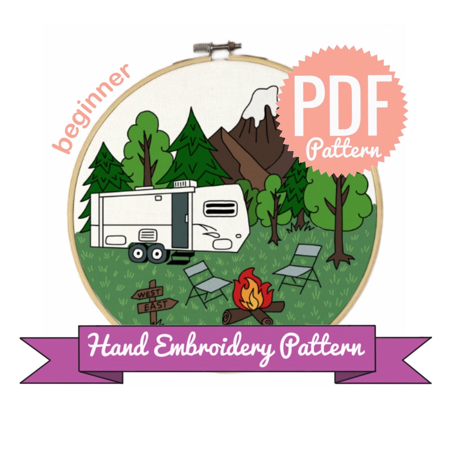 Camping Travel Trailer Hand Embroidery Pattern