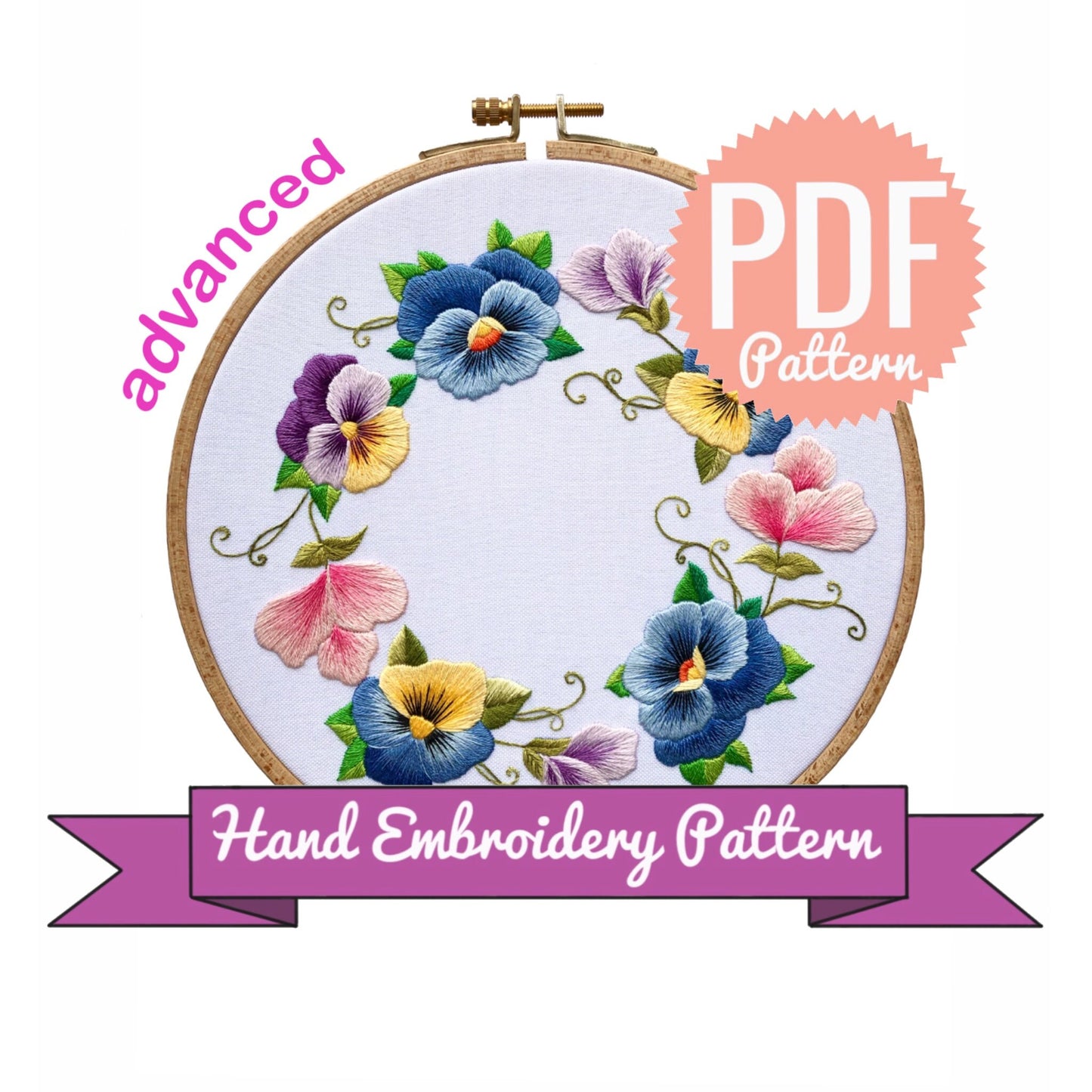 Spring Pansies Blue Version - Hand Embroidery Pattern