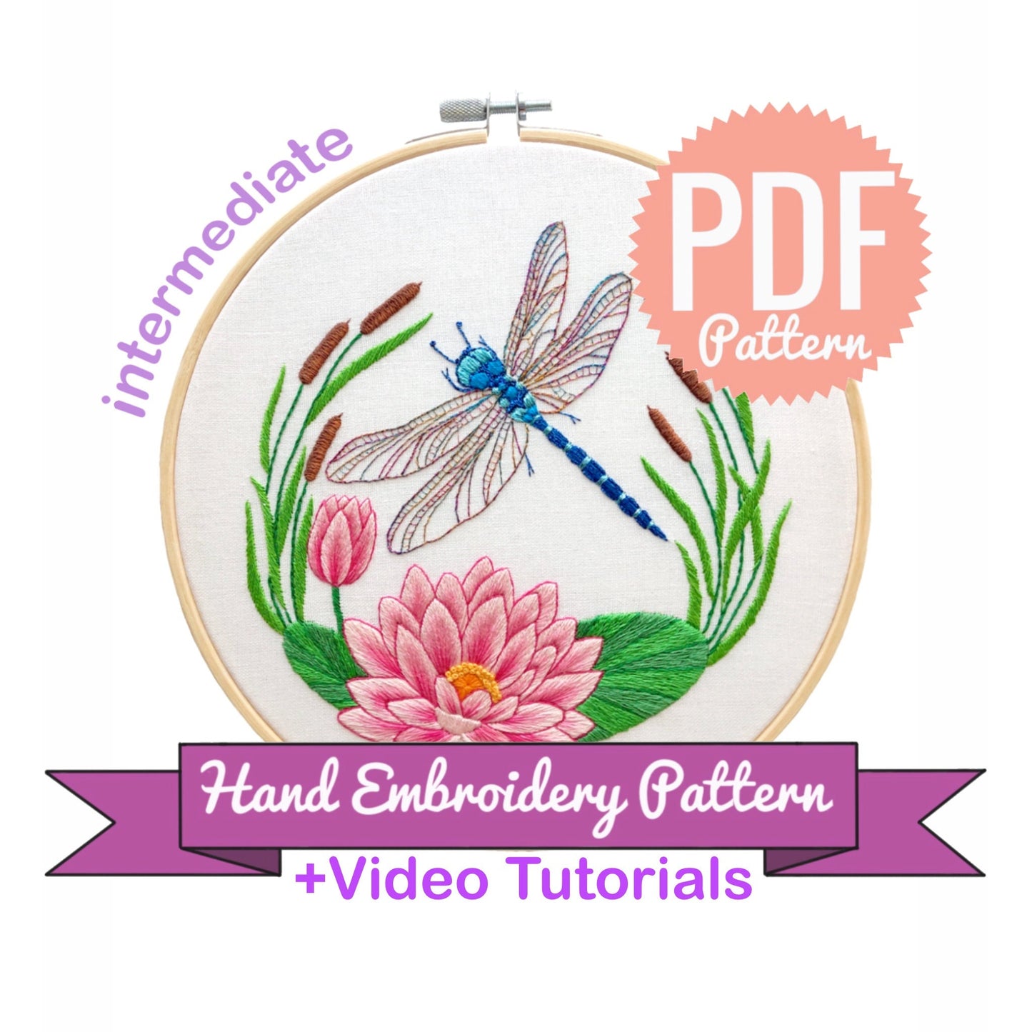 Dragonfly and Water Lily - Hand Embroidery Pattern