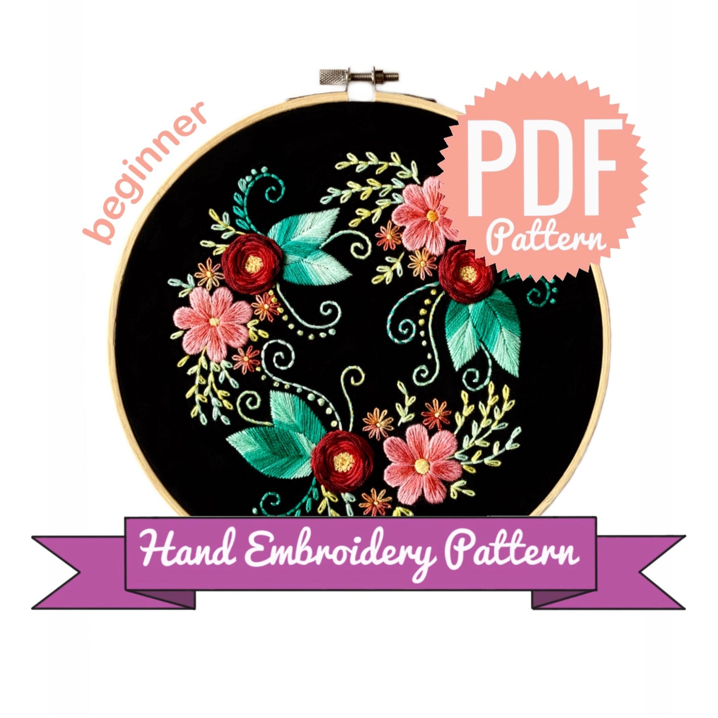 Red Roses on Black Fabric - Hand Embroidery Pattern