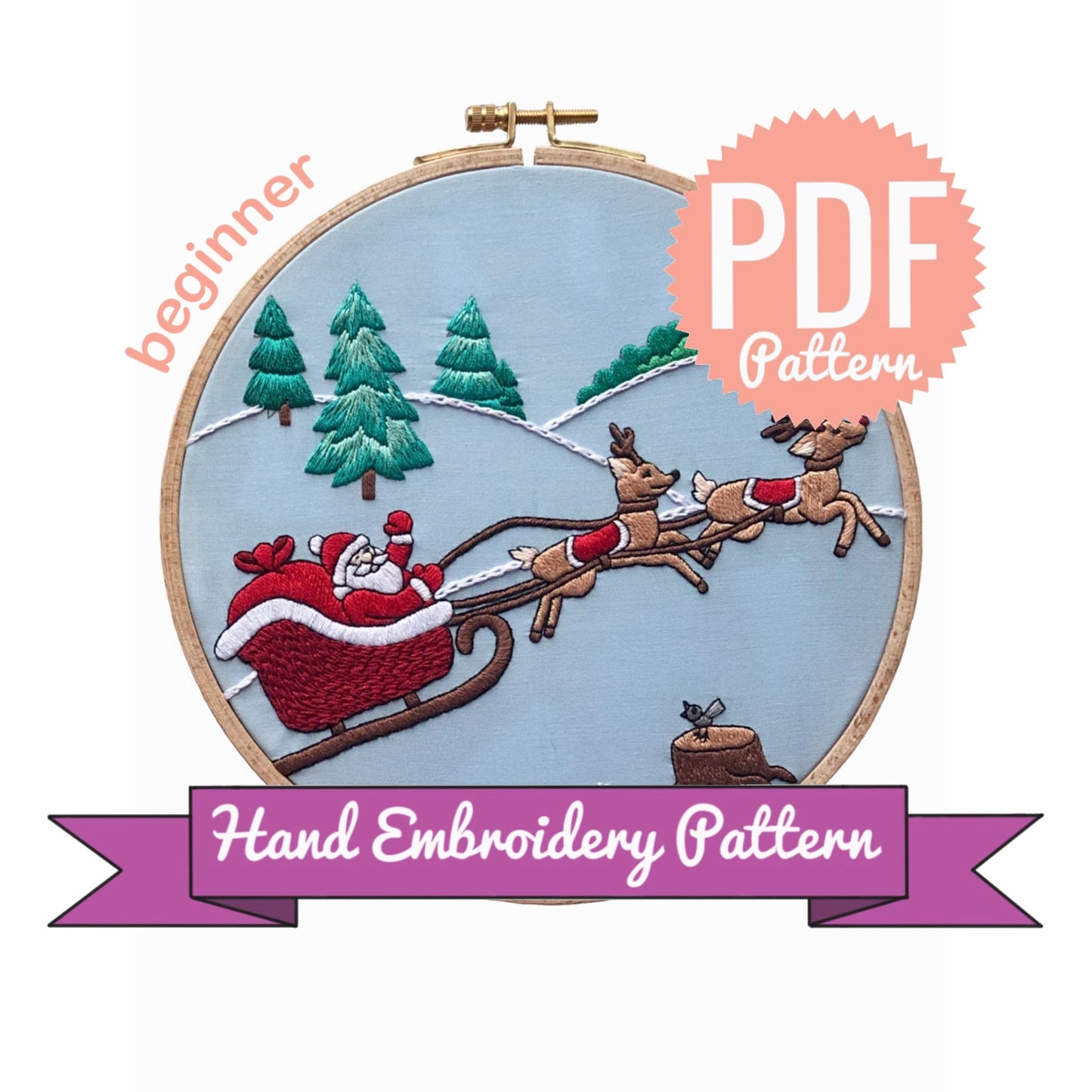 Santa Claus and Reindeers in the Winter Forest - Hand Embroidery Pattern