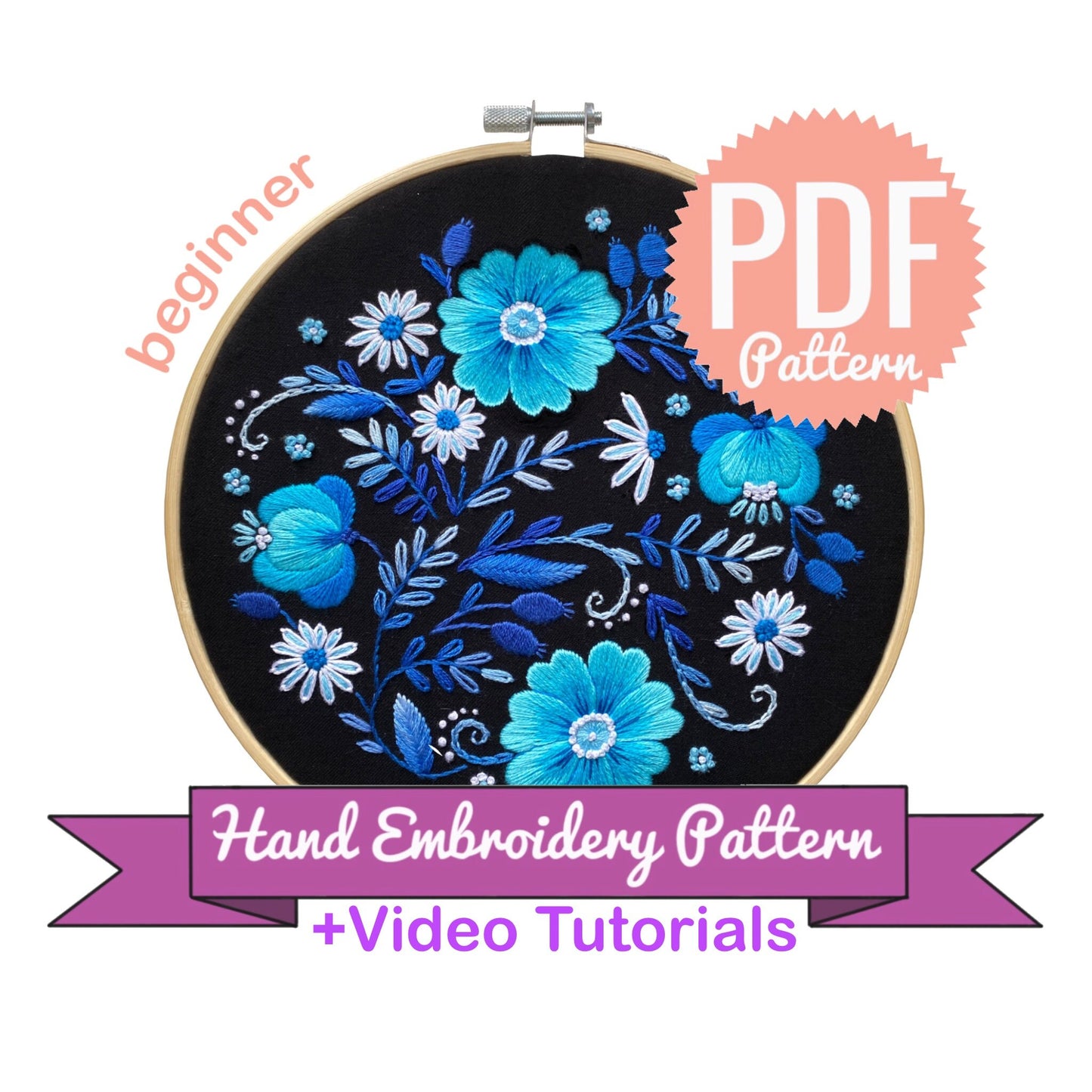 Neon Blue Wild Flowers - Hand Embroidery Pattern