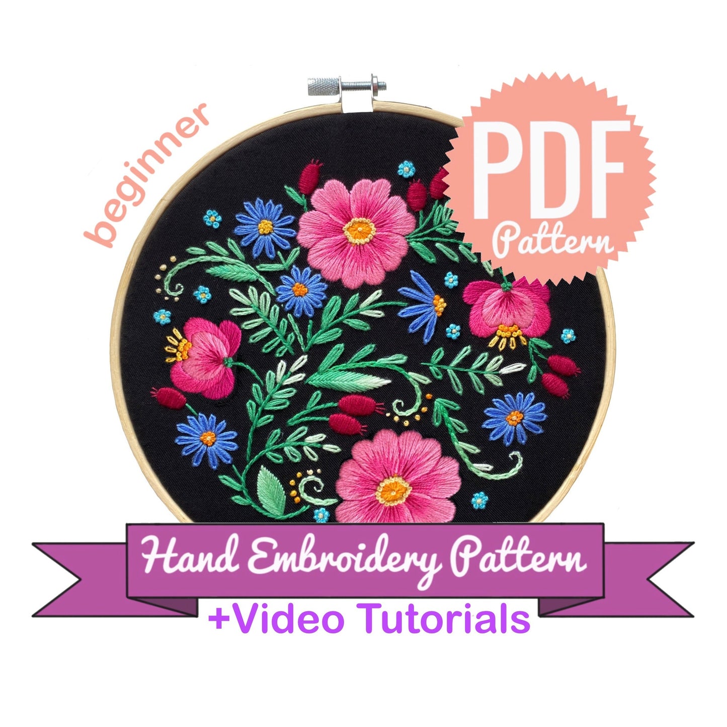 Pink Wild Flowers - Hand Embroidery Pattern