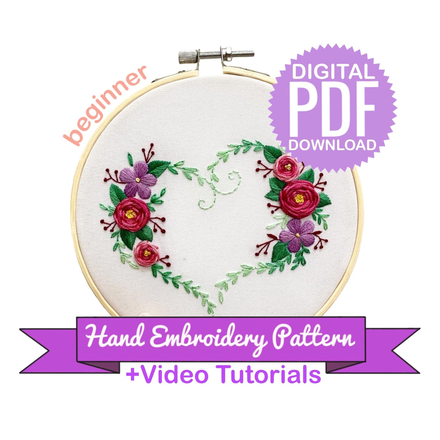 Simple Floral Heart - Hand Embroidery Pattern + Video Tutorial