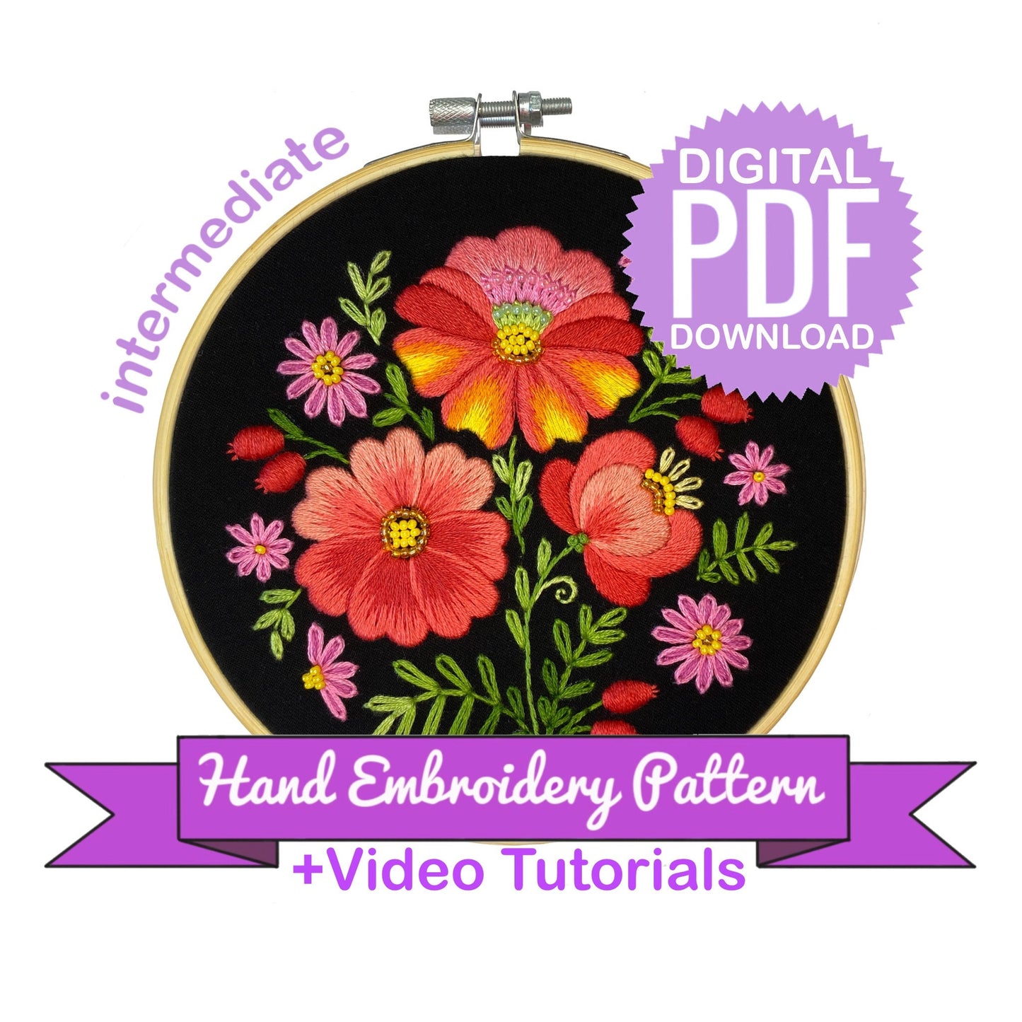 Wild Flowers Bouquet - Floral Hand Embroidery Pattern + Complete Video Course