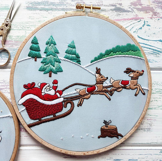 Santa Claus and Reindeers in the Winter Forest - Hand Embroidery Pattern