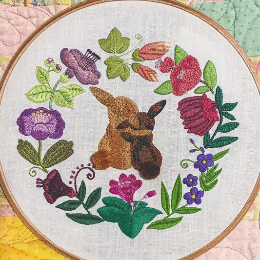 2 Bunnies in Fairy Floral Wreath Hand Embroidery Pattern