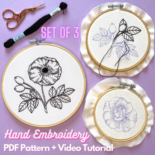 Wild Rose Blackwork Embroidery Pattern + Complete Video Course