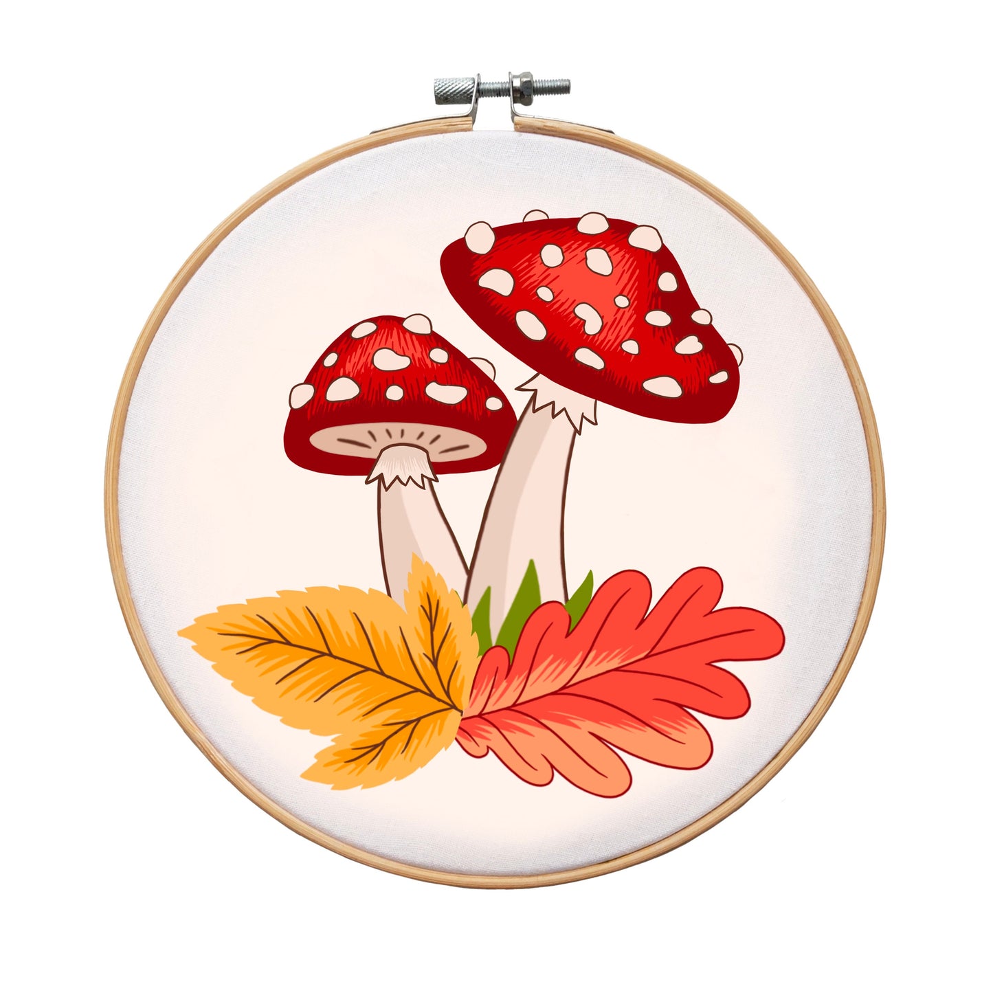 Amanita Wild Forest Mushrooms with Fall Leaves | Autumn Hand Embroidery Pattern