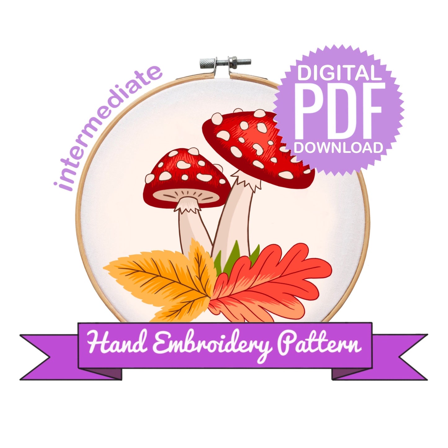 Amanita Wild Forest Mushrooms with Fall Leaves | Autumn Hand Embroidery Pattern